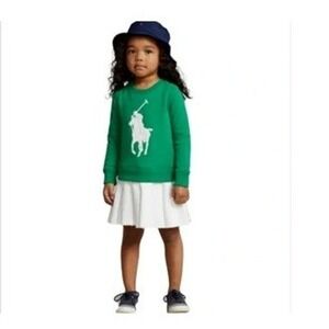 Polo Ralph Lauren Girls Green Big Pony Fleece Sweatshirt Pleated Dress Size 6
